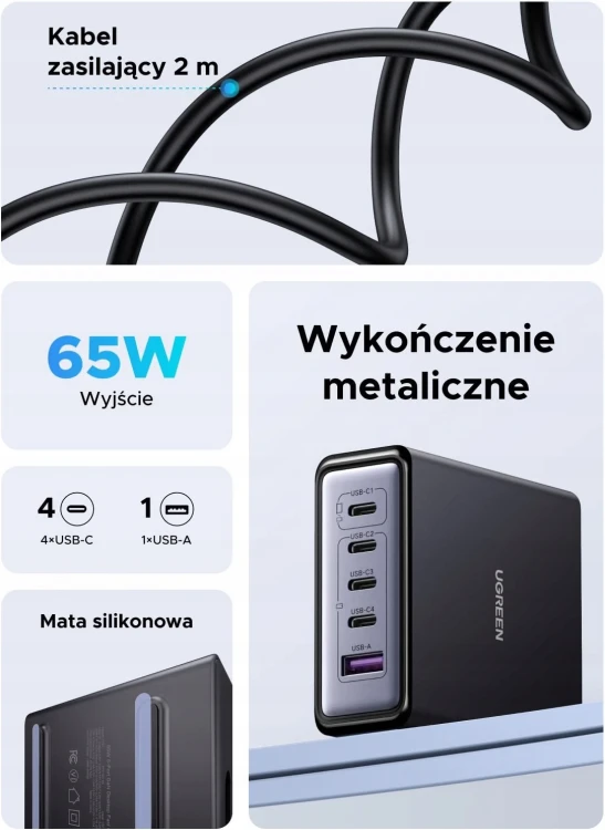 UGREEN Ładowarka USB C 65 W GaN Zasilacz 5 w 1 (4 USB-C 1 USB-A)